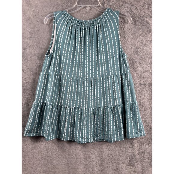 Teal Sleeveless Tiered Ruffle Top With White Dotted Stripes V-Neck By Wonderly W - Picture 7 of 8